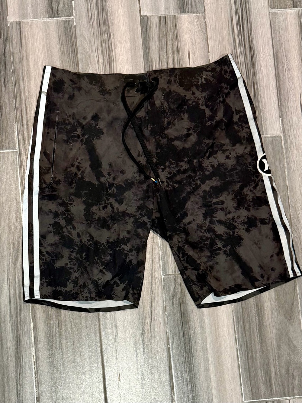 Hurley Black Tie-Dye Board Shorts with White Side Stripes